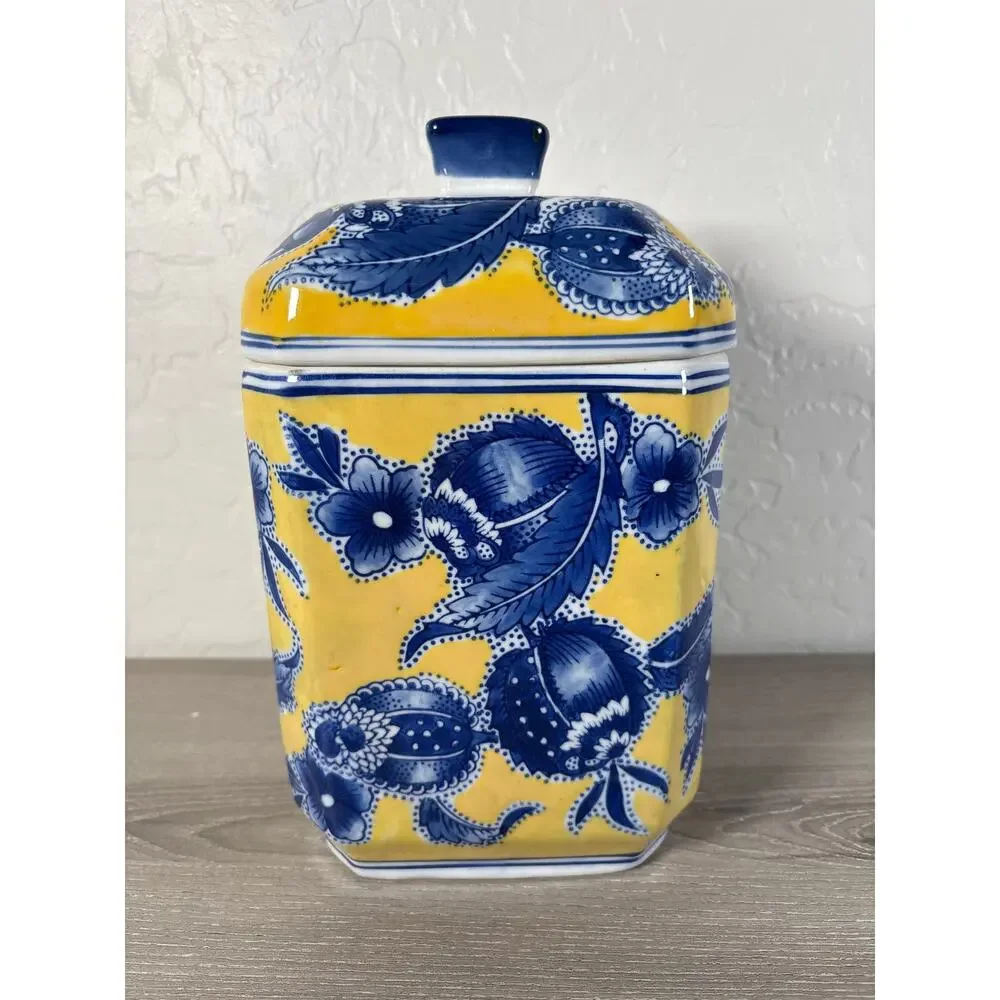 Chinese Chinoiserie-Inspired BLUE & YELLOW Rectangular Lidded Canister 10